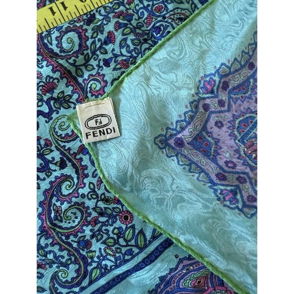 VTG 90’s FENDI Silk Scarf 38” Square Turquoise Blue Purple Tree Of Life Peacock - Picture 5 of 6